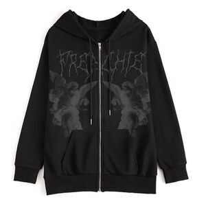 Emmiol Black Cherub Print Zipper Hoodie. Size Medium.  EUC!